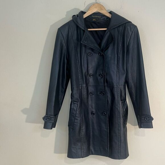 Y2K Long Leather Black Belted Jacket Rare Hoodie Trench Coat M - Picture 2 of 15